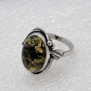 Vtg Sterling & Amber Floral Art Nouveau Revival Leaf & Vines Ring Sz 7 | 6.8g